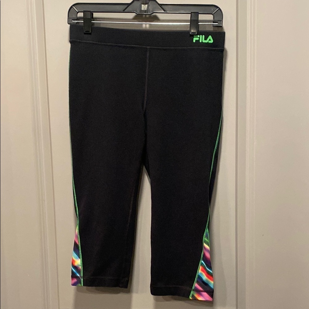 Fila Black Capri Workout Leggings Small Rainbow Stripe Neon Green